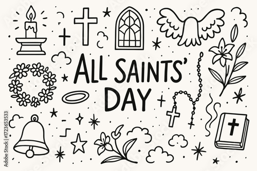 All saints' day outline icon set. religious, holiday, spiritual symbols collection