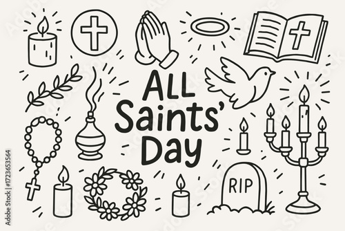 All saints' day line icon set. religious, prayer, spiritual symbols in linear collection