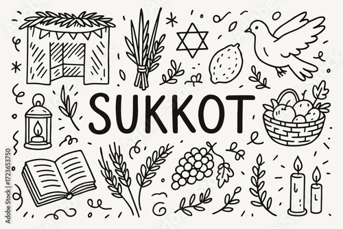 Sukkot outline icon set. jewish holiday, celebration symbols linear collection.