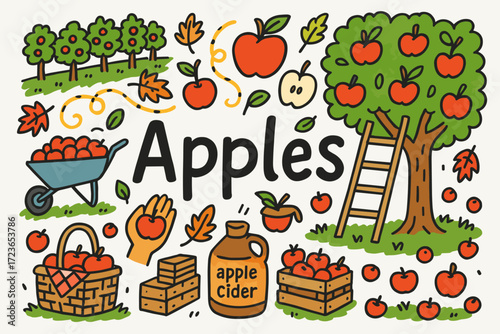 Apple and harvest flat icon set. autumn, orchard, seasonal fruit illustrations flat style