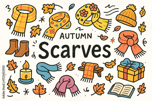Autumn scarves flat icon set. cozy, seasonal accessories, fall elements collection