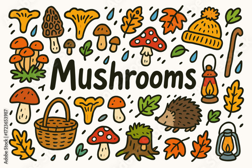 Mushroom exploration icon set. nature, foraging icons in outline style