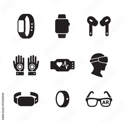 Modern wearable technology silhouette icons including smartwatches vr headsets and earbuds