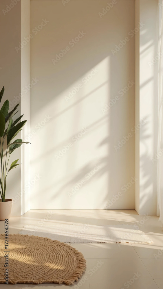 Fototapeta premium Minimalist empty room with single rug and potted plant in soft natural light symbolizing mindfulness, serenity, and tranquility
