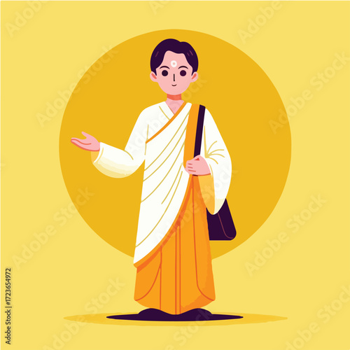 Young Buddhist Monk with a bag and a friendly gesture