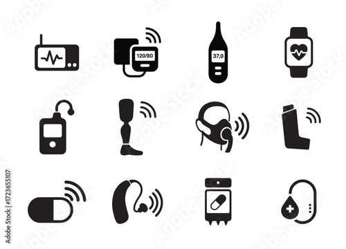 Smart medical device silhouette icons for modern healthcare technology 