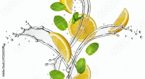 Dynamic swirl of zesty lemon slices and crisp mint leaves captured mid-splash in refreshing clear water, symbolizing natural vitality and pure refreshment