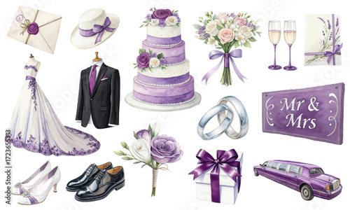 Purple Wedding Watercolor Clipart Set with Dress, Cake and Rings