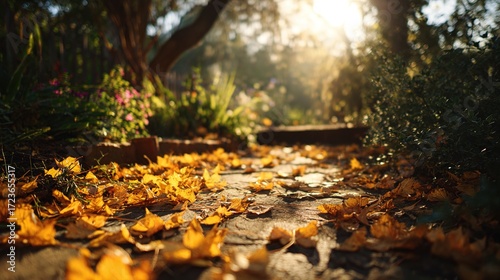 Wallpaper Mural vegetation. Autumn garden bathed in warm sunlight with scattered golden leaves and peaceful ambiance. representing seasonal cycles and harvest abundance. Torontodigital.ca