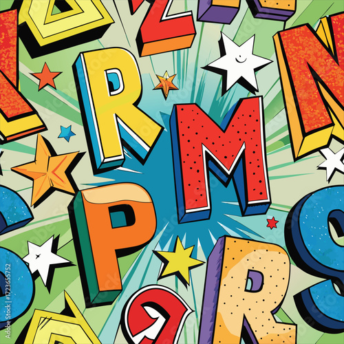 Dynamic 3d pop art style letters and stars bright colorful comic book design elements