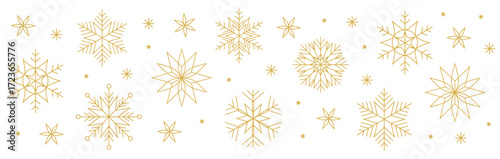 Vector christmas decorative border with gold colored geometric snowflakes and stars in seamless pattern