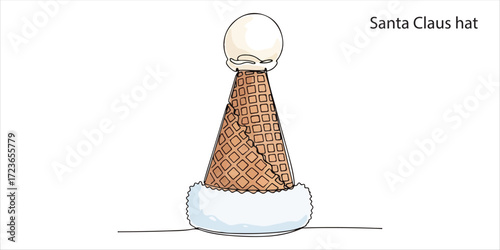 Santa Claus hat made of upside down vanilla ice cream continuous single line art drawing sketch on white background