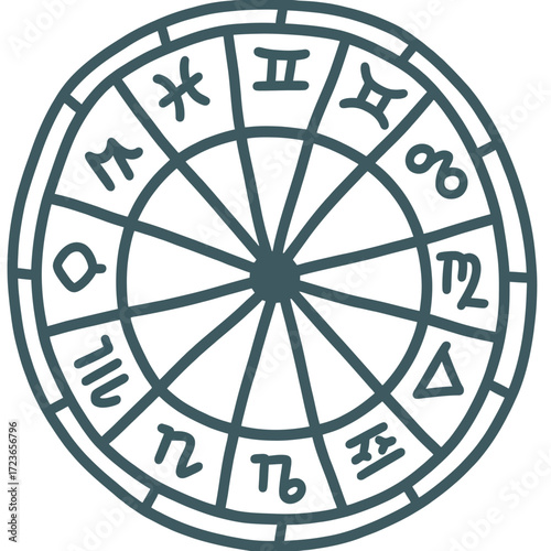 A simple and modern hand-drawn astrology wheel with all twelve zodiac signs, a classic and mystical symbol for horoscopes, destiny, and celestial guidance.
