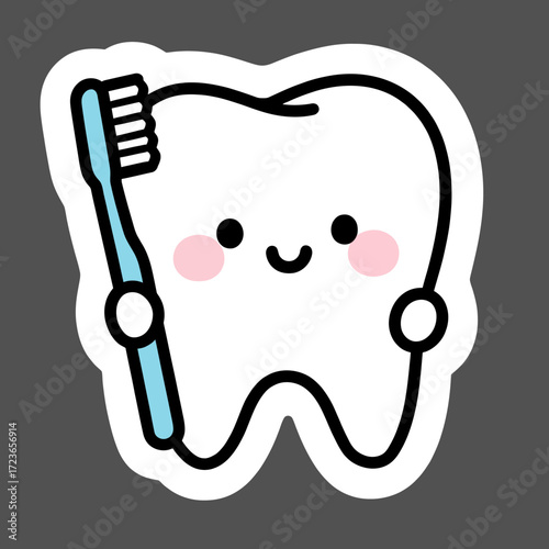 A happy and healthy kawaii-style tooth character holding a toothbrush, a cute and charming illustration for promoting children's dental hygiene and oral care.

