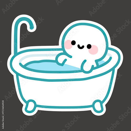 An adorable and happy kawaii-style character relaxing in a bathtub, a charming and playful sticker for promoting self-care, bath time, and relaxation for kids.
