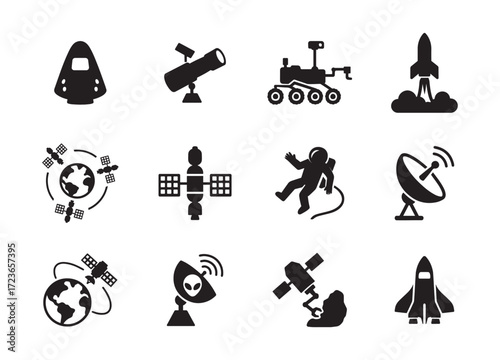 Collection of space exploration silhouette icons featuring rockets satellites astronauts and rovers