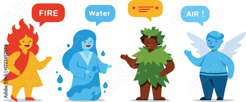 Vibrant cartoon characters personifying the four classical elements fire, water, earth, and air, shown interacting in a cheerful illustration, symbolizing nature's essential forces