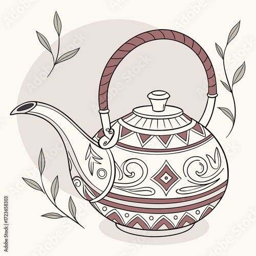 Elegant vector illustration of a teapot with ornate patterns and floral details. Ideal for tea culture, café branding, kitchen décor, and traditional design projects