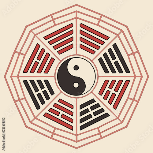Vector illustration of Bagua with Yin Yang symbol, representing feng shui, Taoist balance, harmony, and spirituality. Ideal for cultural, religious, and wellness concepts.