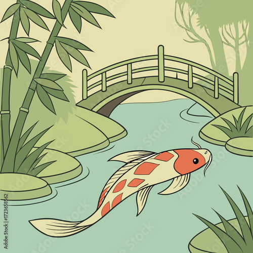 Vector illustration of a koi fish swimming in a Japanese pond surrounded by bamboo, plants, and a traditional arched bridge. Perfect for zen, culture, and nature concepts.