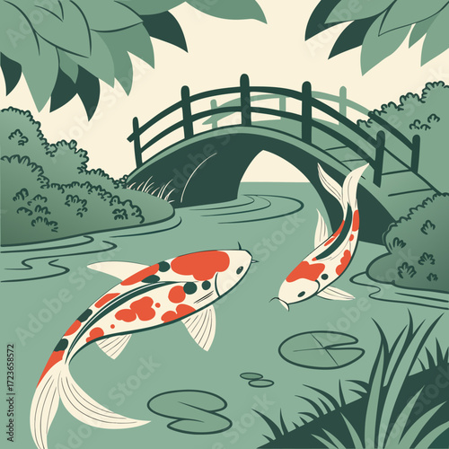 Vector illustration of koi fish swimming in a Japanese garden pond with lily pads and an arched wooden bridge. Peaceful and traditional design for culture, nature, and zen concepts.