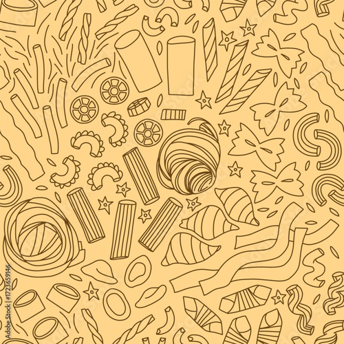 Monochrome yellow pattern of different types of paste, spirals and ribbons, in cartoon style