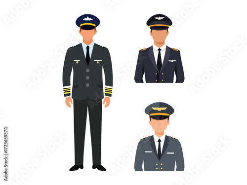 Flat vector silhouette of a pilot in standing confidently, black solid fill