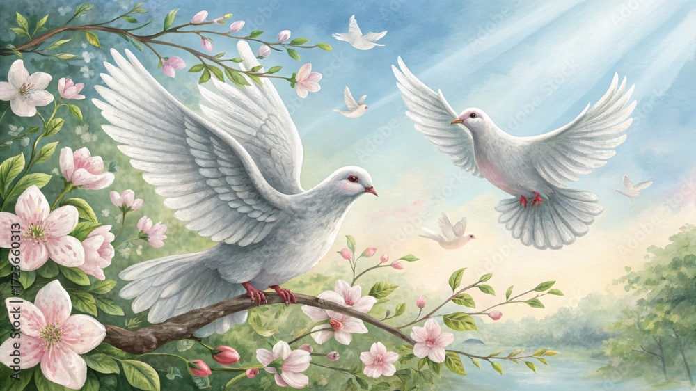 Obraz premium A soft, digital painting of two white doves in flight and perched on a flowering branch. This image is suitable for websites and blogs about peace, spring, nature, religion, or weddings.