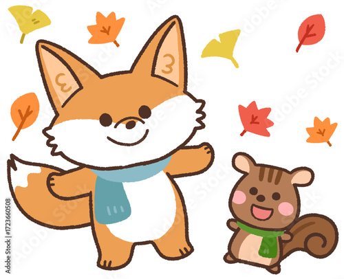 マフラーをした秋のかわいいキツネとリスの動物アイコンイラスト