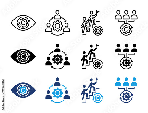 Teamwork and Leadership Icon Set. Containing Vision, Collaboration, Achievement, and Organization Icons Collection.