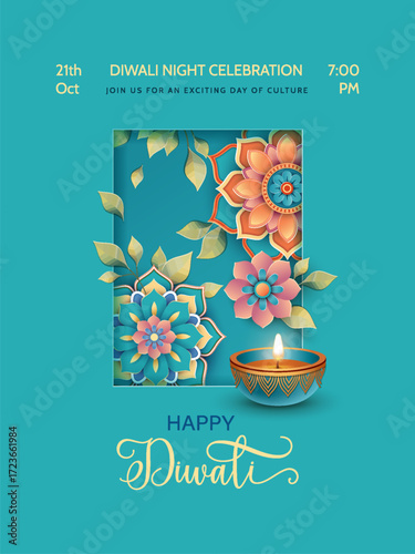 Happy Diwali Poster Template. A passepartout-shaped frame with flowers, mandala and traditional oil lamp