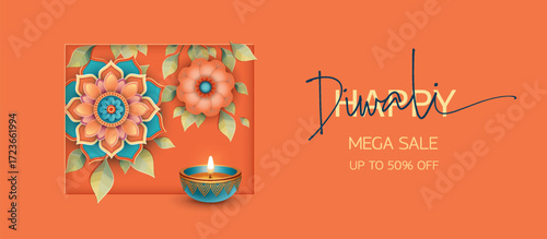 Diwali sale announcement banner. Paper style Happy Diwali banner design