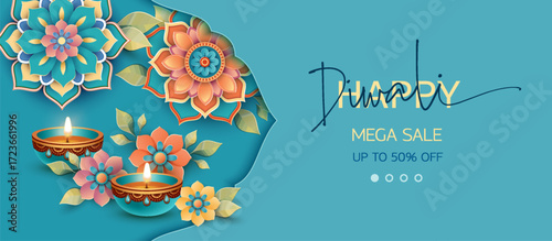 Diwali sale announcement banner. Paper style Happy Diwali banner design