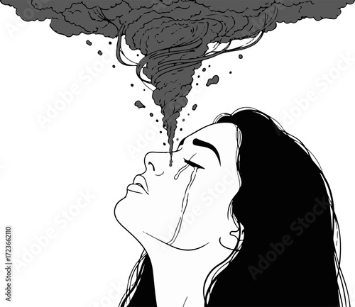 A monochrome illustration of a woman with smoke emanating from her head, isolated on white background, conveying emotional turmoil and mental distress