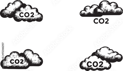Vector art of four clouds with the text co2, , representing emissions