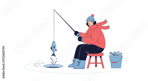 Winter ice fishing experience with a caught fish and a bucket of bait.