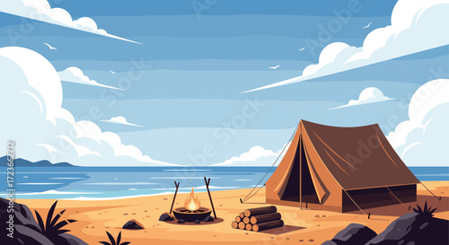 A cozy campsite on a sandy beach with a tent and campfire under a clear sky.