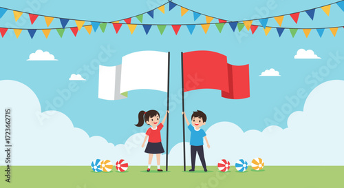 Two happy children holding red and white flags on a sunny day with colorful bunting overhead.