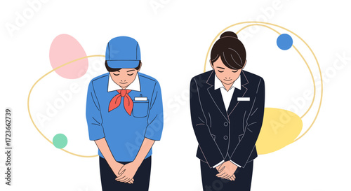 Two women in professional attire bowing as a sign of respect and gratitude.