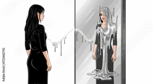 A woman faces her reflection in a mirror, where her image is melting into liquid silver, symbolizing transformation and identity crisis in a surreal artwork