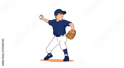 Young boy in baseball uniform throwing a ball with a catcher's mitt on his hand.