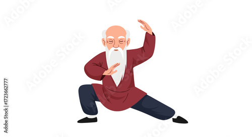 An elderly gentleman with a long white beard gracefully performs a traditional martial art in a red tunic and dark pants.