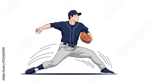 A baseball pitcher in the midst of throwing a pitch demonstrating athletic movement and skill in the sport.