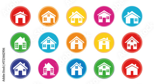 A collection of colorful house icons representing various home styles and designs.