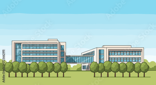 Modern corporate office building with glass windows and connecting walkway surrounded by trees.