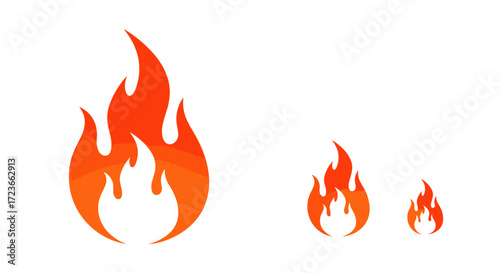 Abstract representations of fire flames in varying sizes and intensities glowing with warm orange and red hues on a clean white background.