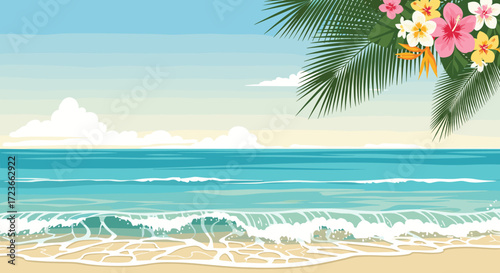 Tropical beach scene with clear blue water and sandy shore.