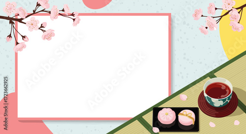 A serene japanese tea ceremony with delicate cherry blossoms adorning the background.