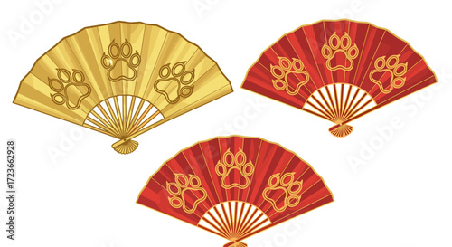 Gold and red decorative folding fans featuring paw prints. the fans are displayed on a white background.