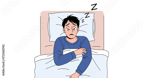 A person is lying in bed struggling to fall asleep with their eyes wide open.